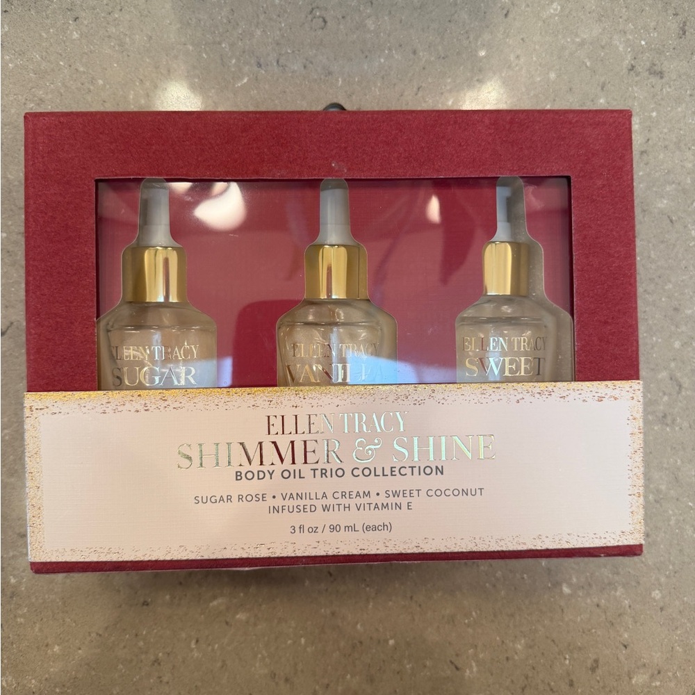 NWT Shimmer & Shine Body Oil Trio: set of 3: Sugar Rose, Vanilla & Coconut scent